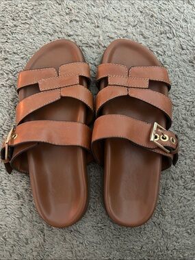 Arezzo Brown Leather Buckle Slide Sandals